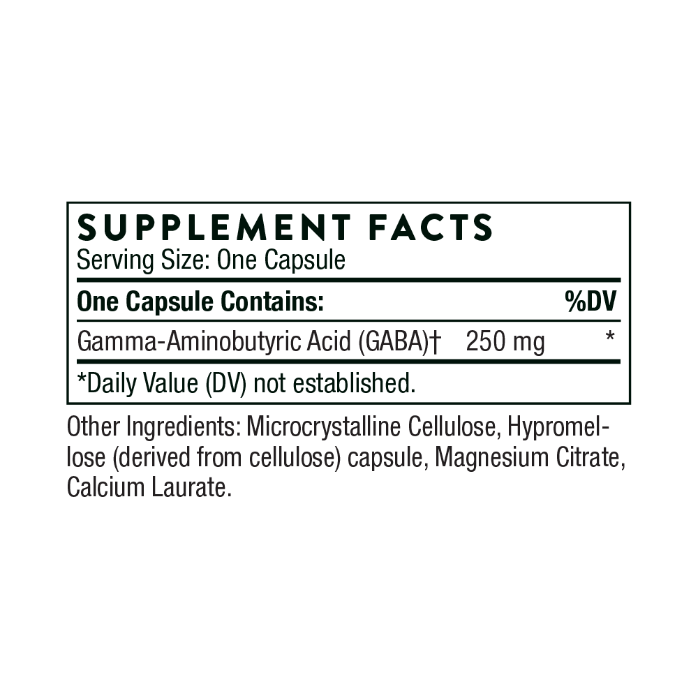 Supplement facts label for a capsule containing Gamma-Aminobutyric Acid (GABA) on a white background.