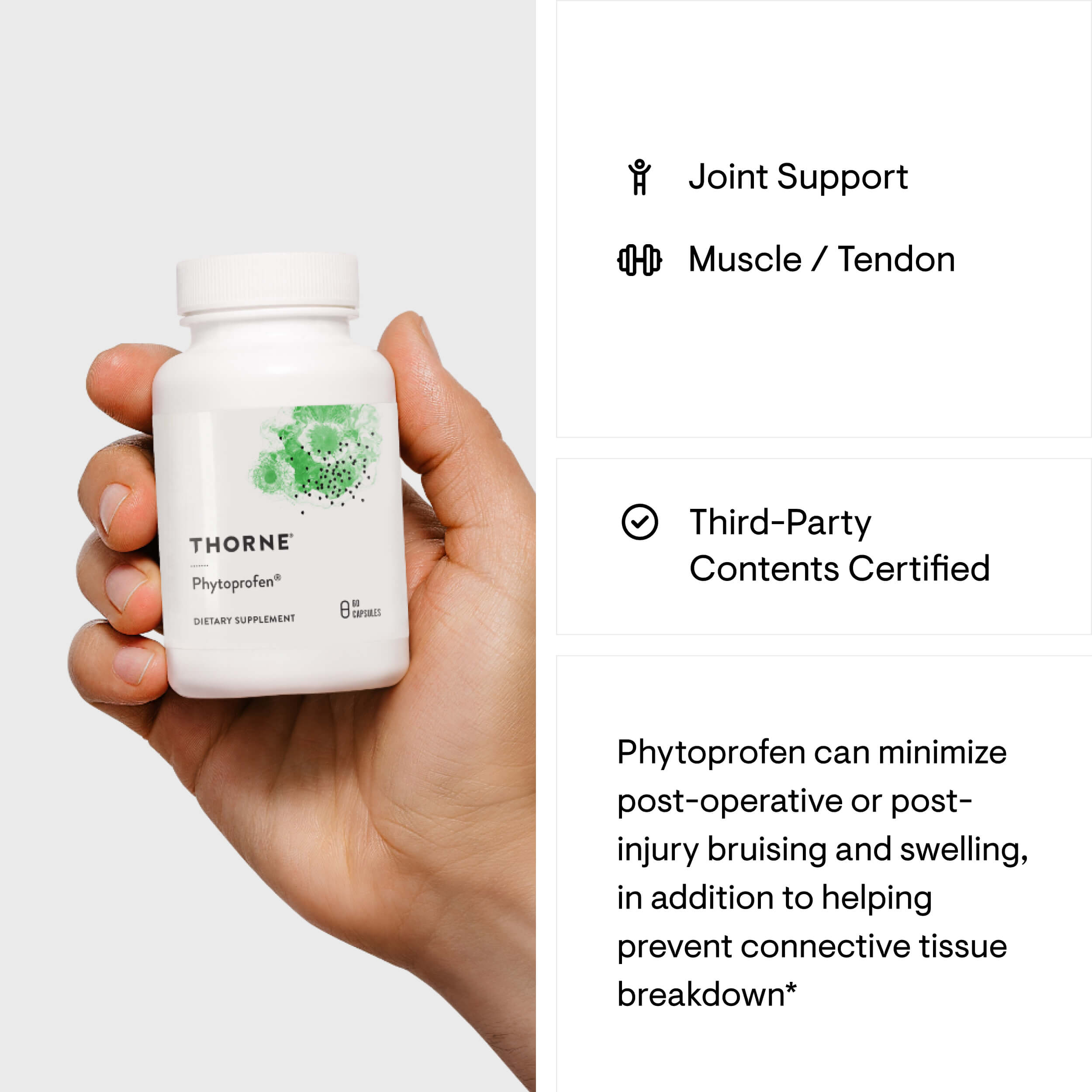 Hand holding a Thorne supplement bottle with product details on the right.