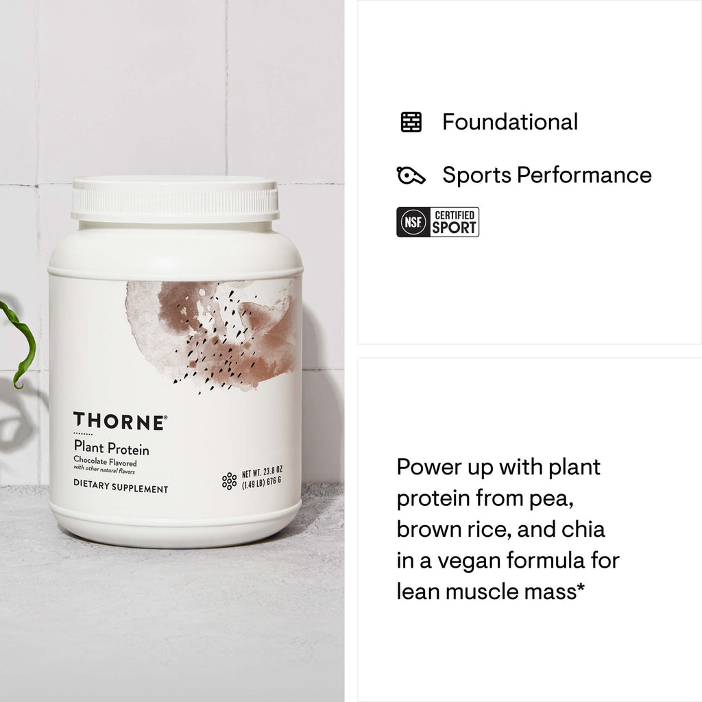 Thorne plant protein supplement jar on a light surface with text about sports performance and vegan formula.