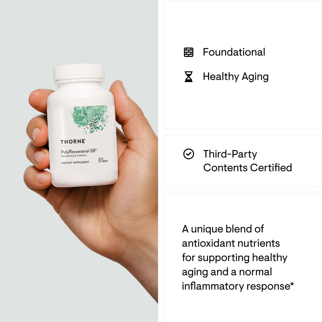 Hand holding a Thorne supplement bottle with product details on a light gray background