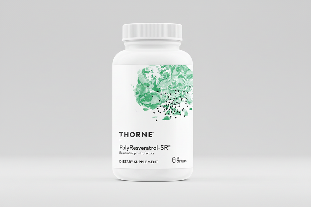 Thorne PolyResveratrol-SR dietary supplement bottle on a black background