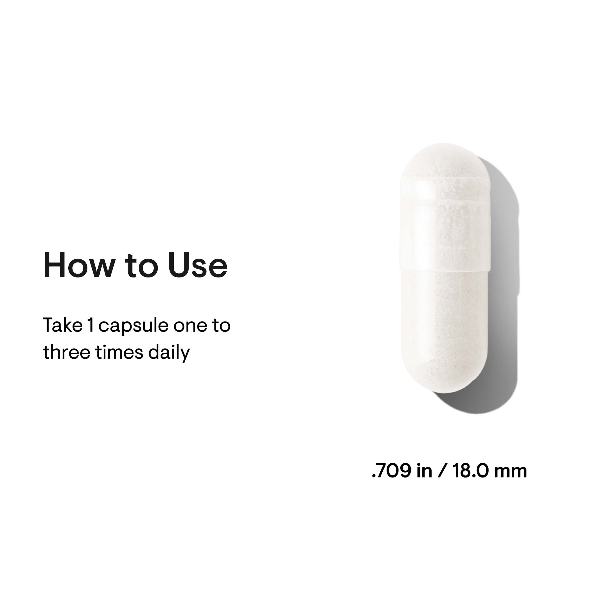 White capsule with text on how to use and dimensions on a white background