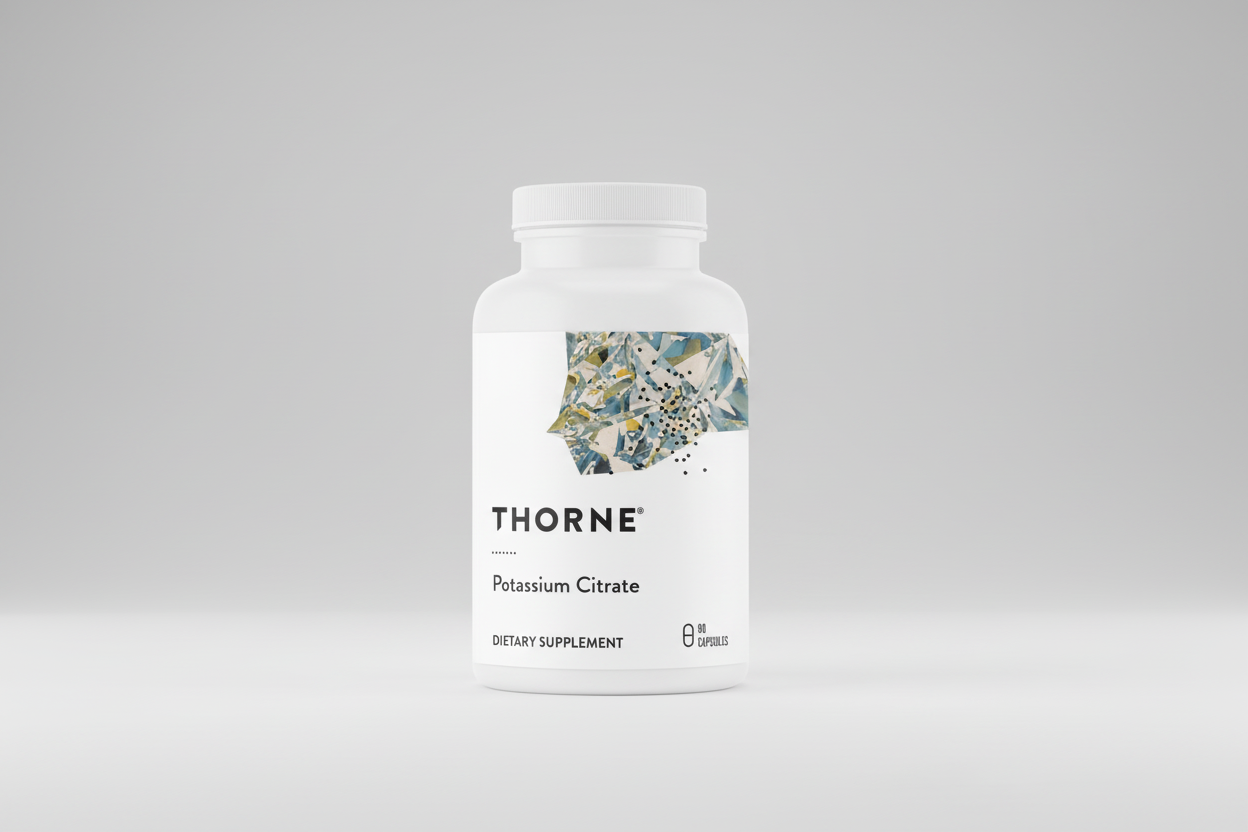 Thorne Potassium Citrate supplement bottle on a white background