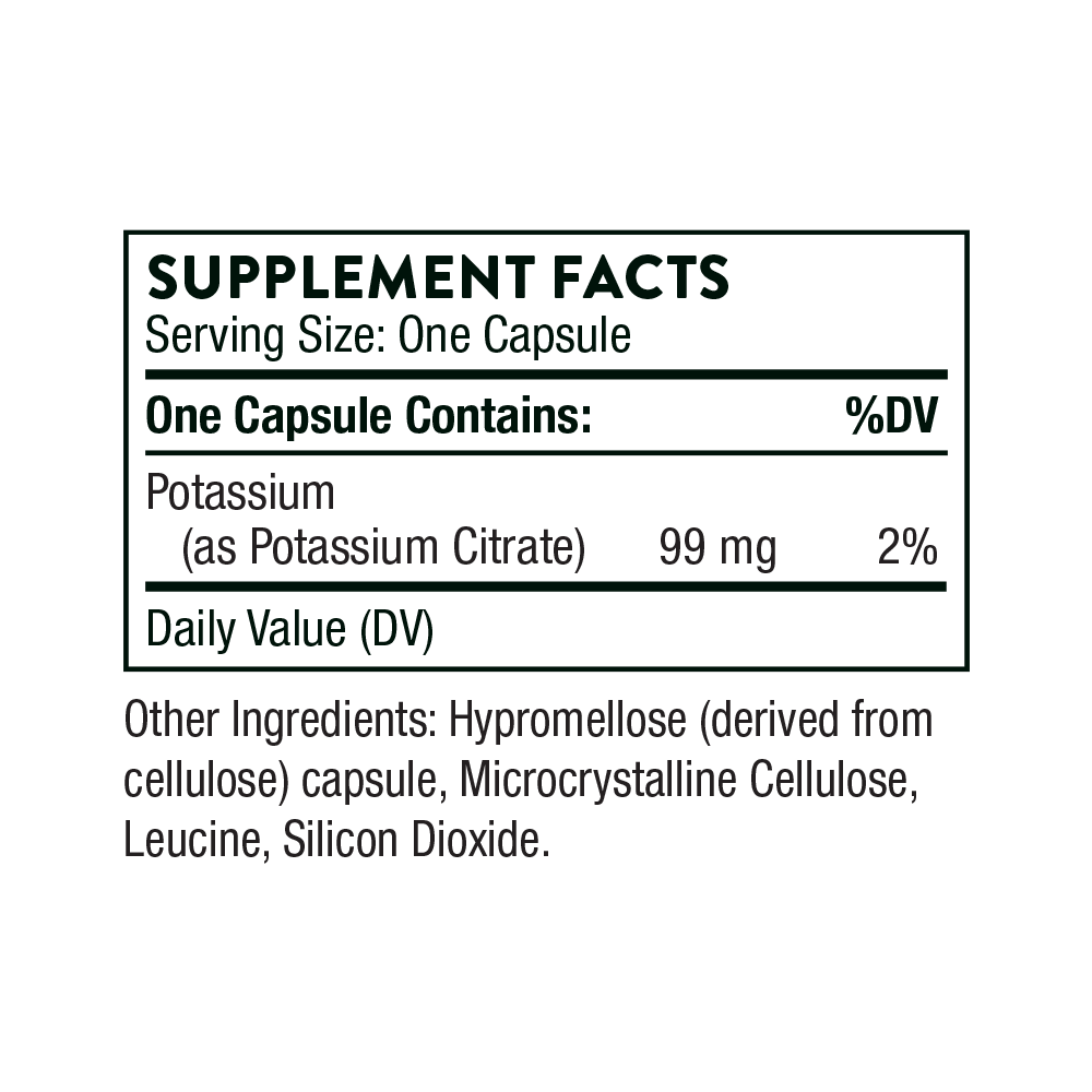 Supplement facts label for a potassium supplement capsule on a white background