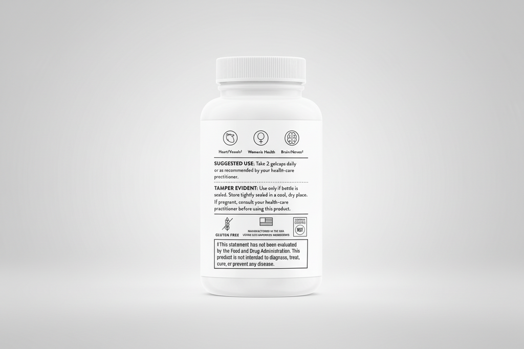 White supplement bottle with label on a black background