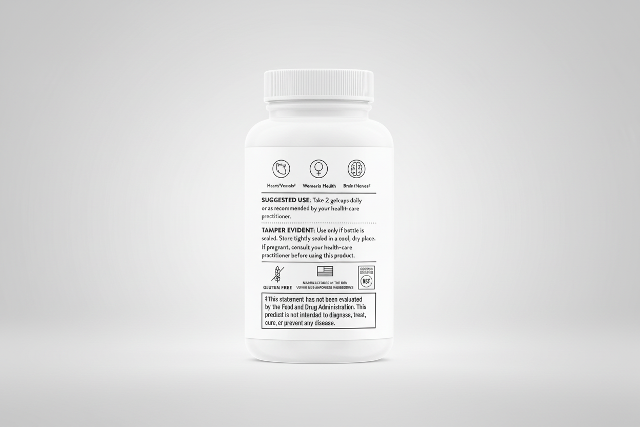 White supplement bottle with label on a black background