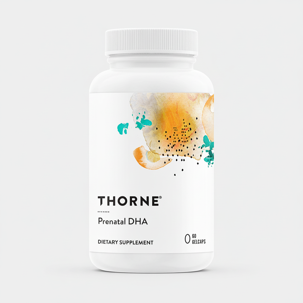 Thorne Prenatal DHA dietary supplement bottle on a white background