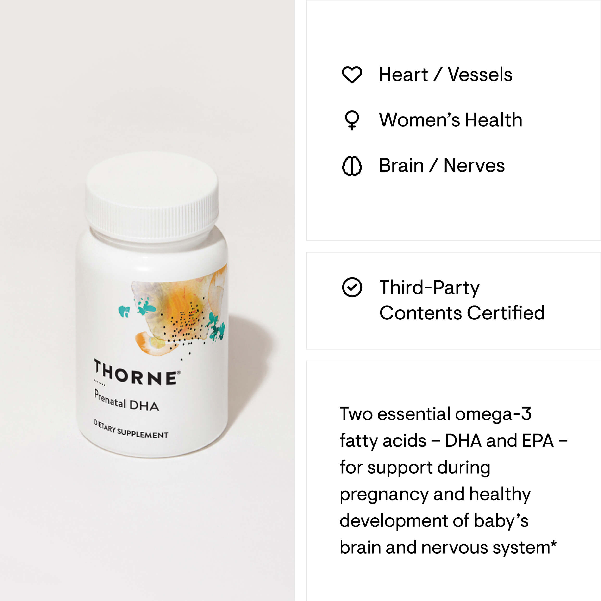 Thorne Prenatal DHA supplement bottle with product details on a light gray background