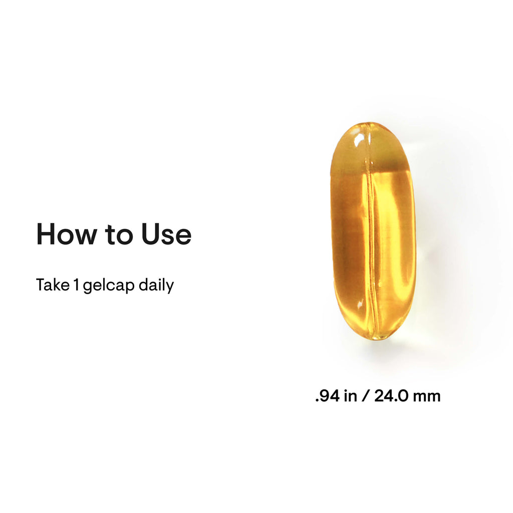 Yellow gelcaps with text on how to use and dimensions
