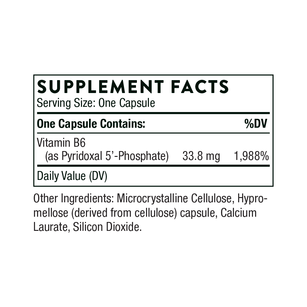 Supplement facts label for a capsule containing Vitamin B6 on a white background