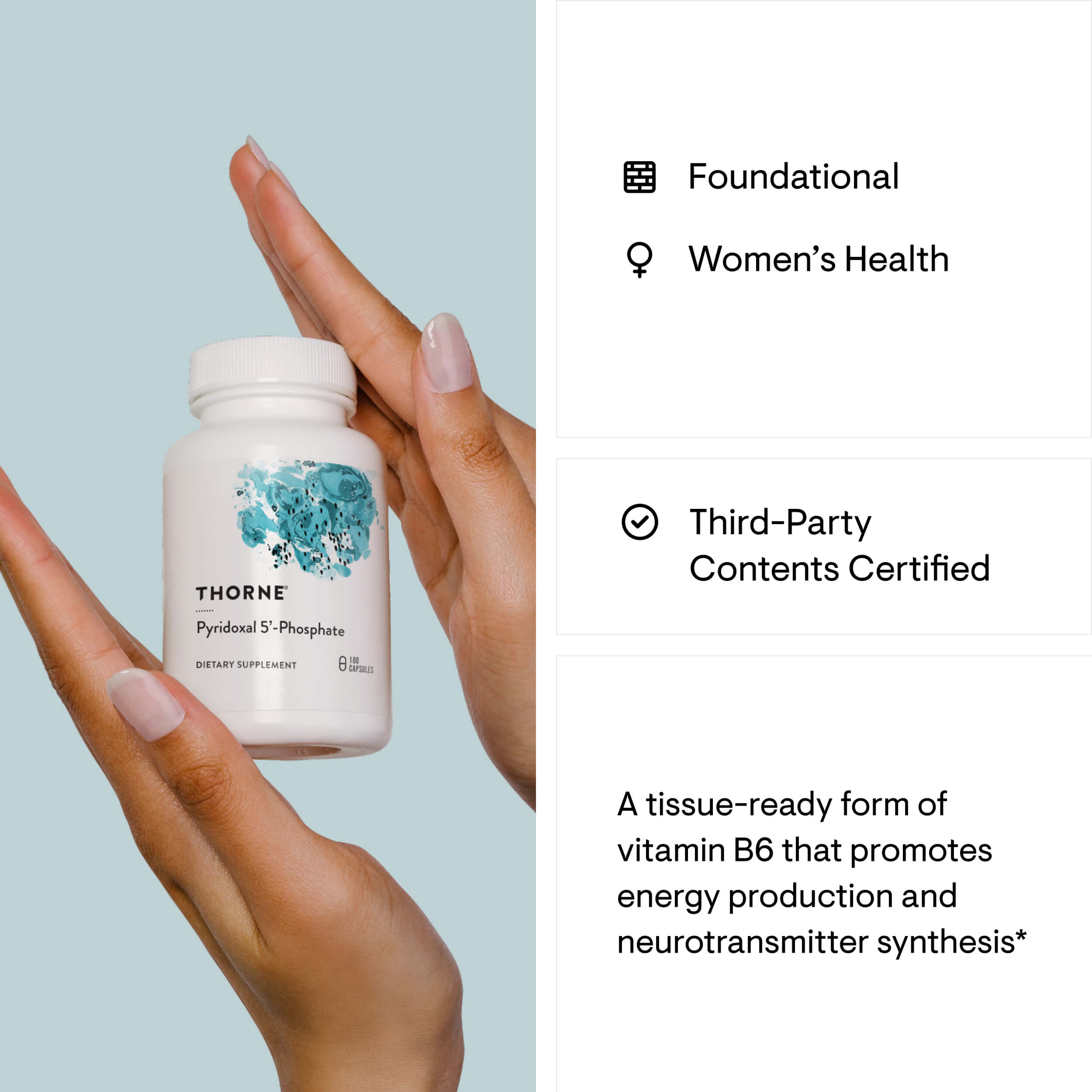 Hand holding a Thorne supplement bottle with product details on a light blue background