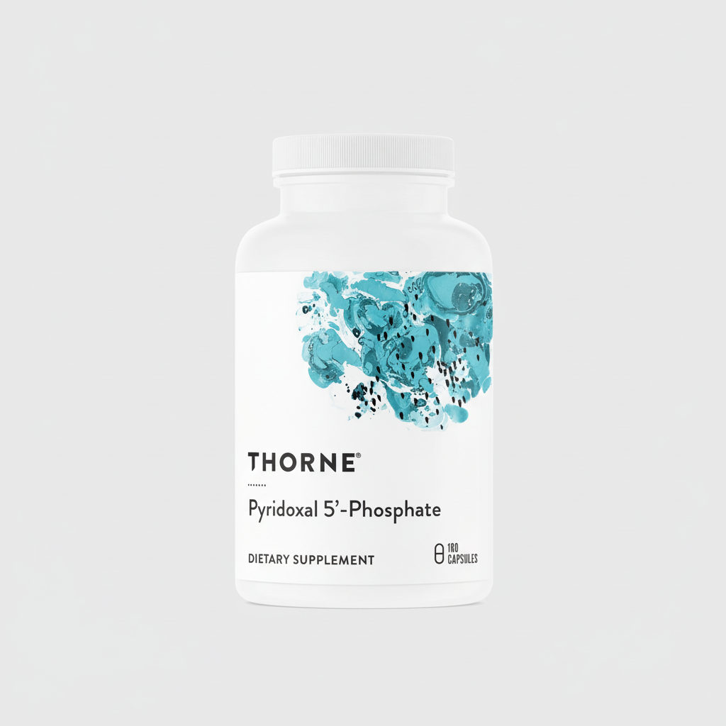 Thorne dietary supplement bottle with blue label on a white background