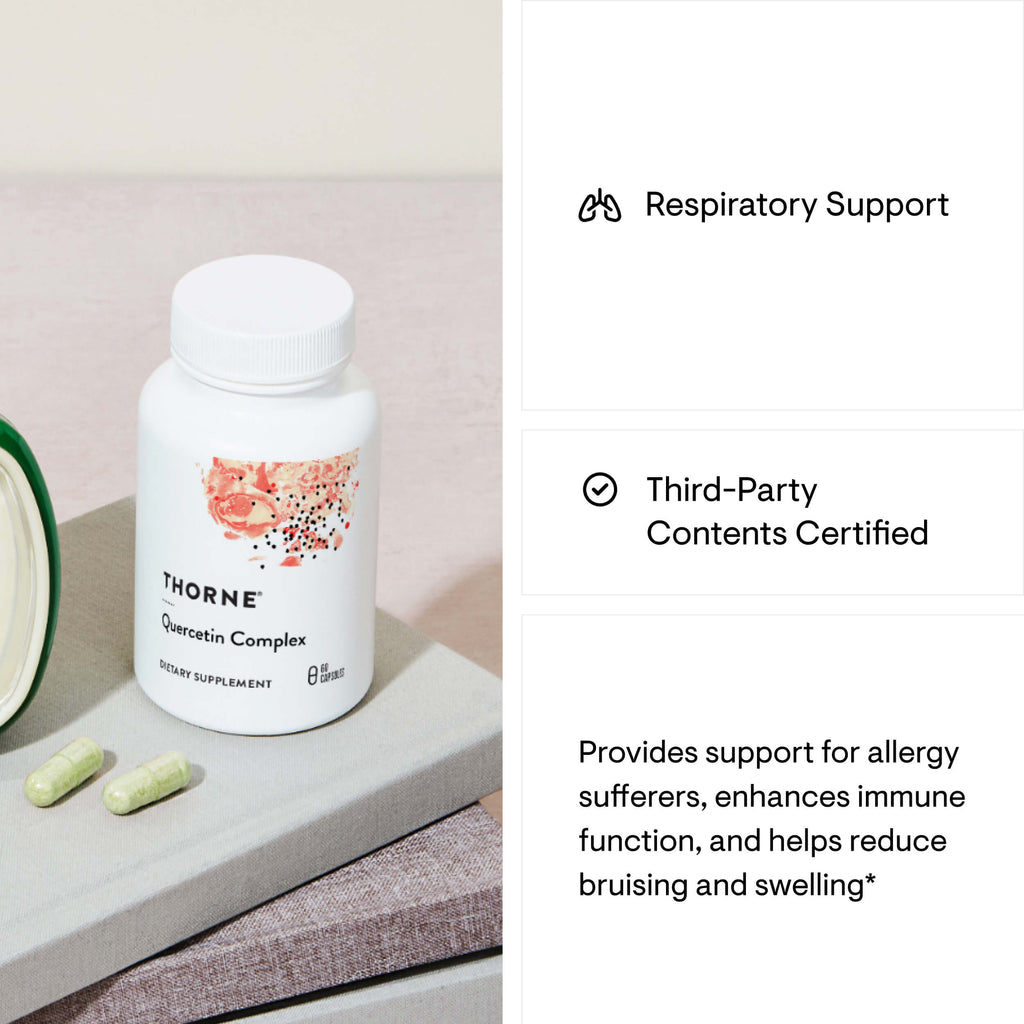 Thorne Resveratrin Complex supplement bottle with capsules on a surface, labeled for respiratory support.