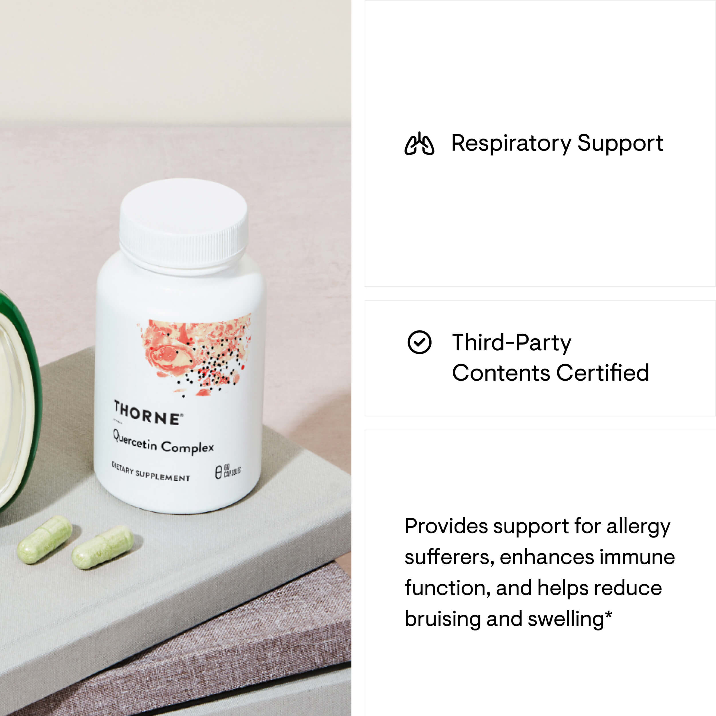 Thorne Resveratrin Complex supplement bottle with capsules on a surface, labeled for respiratory support.