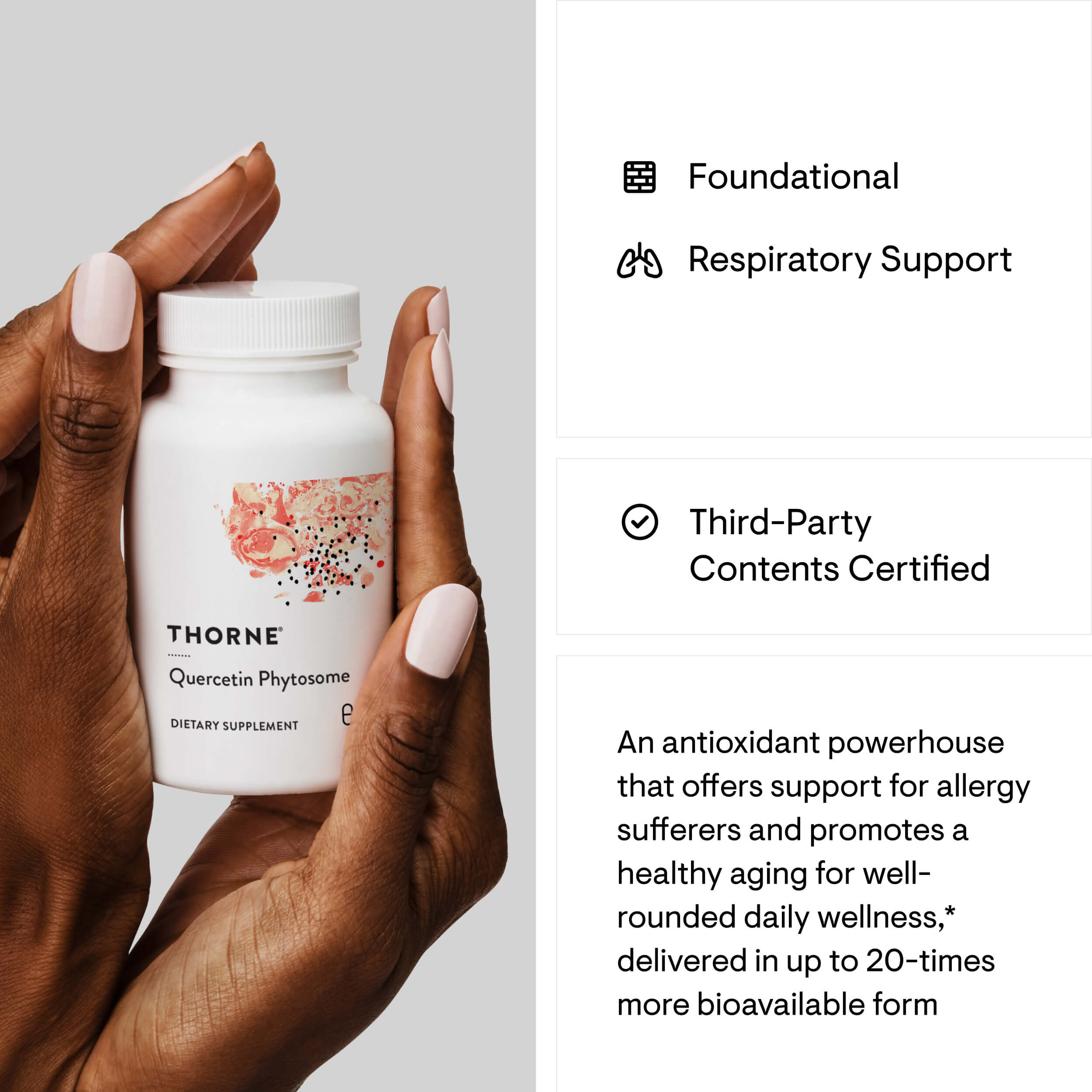 Hand holding a Thorne supplement bottle with product details on the right.