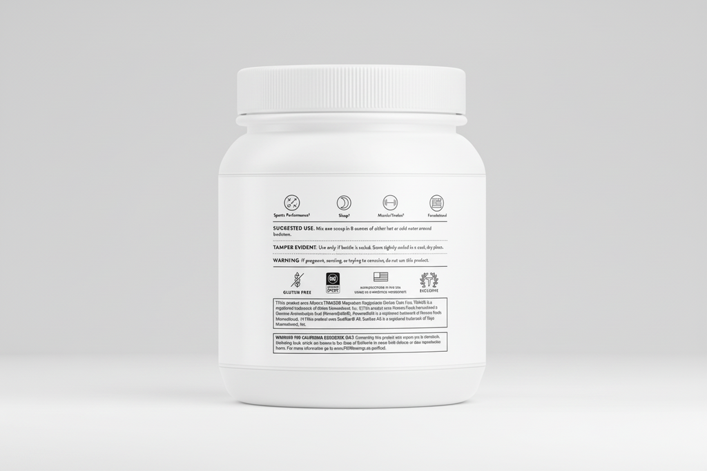 White supplement container with label on a black background