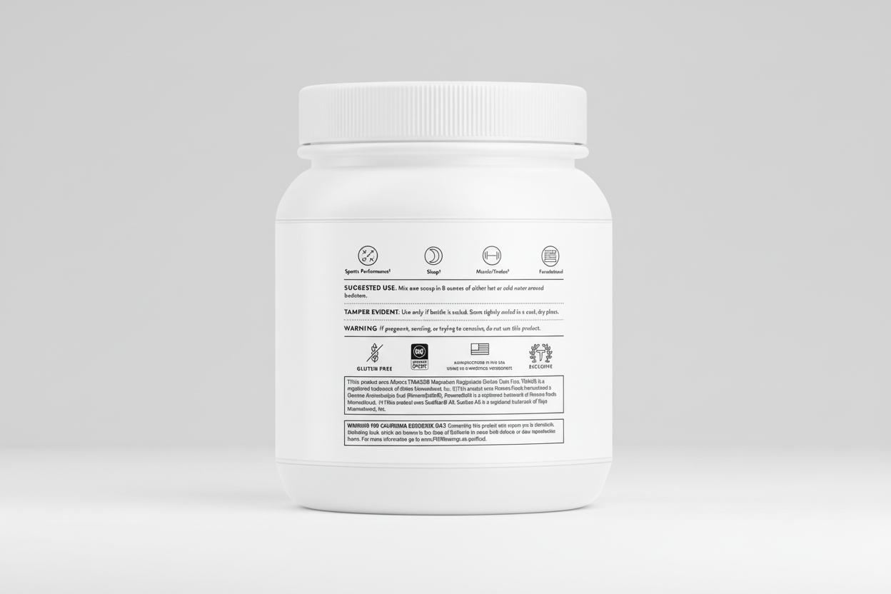 White supplement container with label on a black background