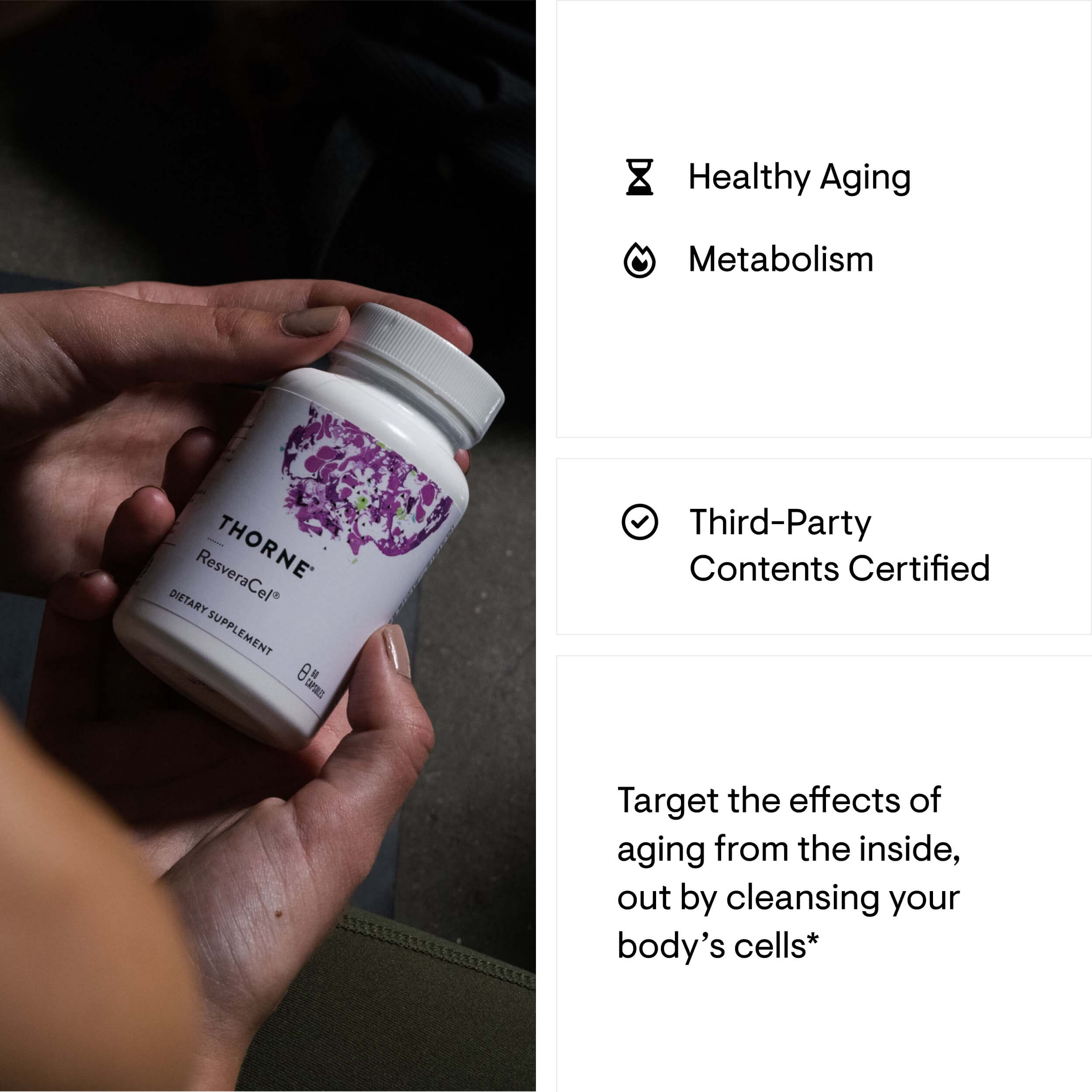 Hand holding a Thorne supplement container with product details on the right.