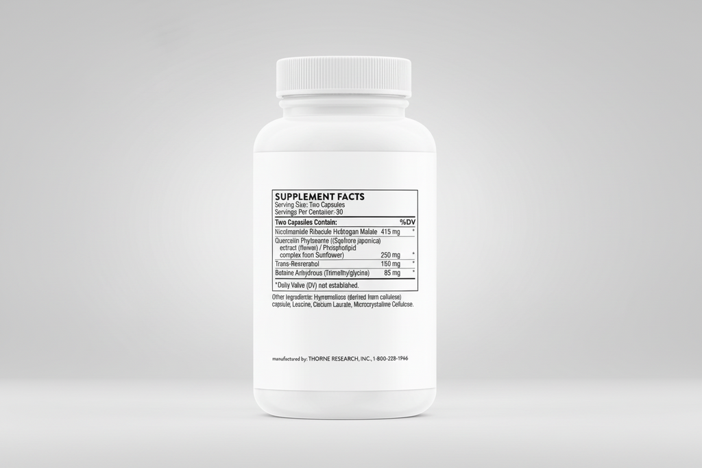White supplement bottle with label on a black background