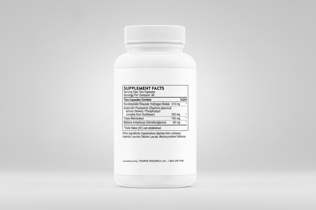 White supplement bottle with label on a black background