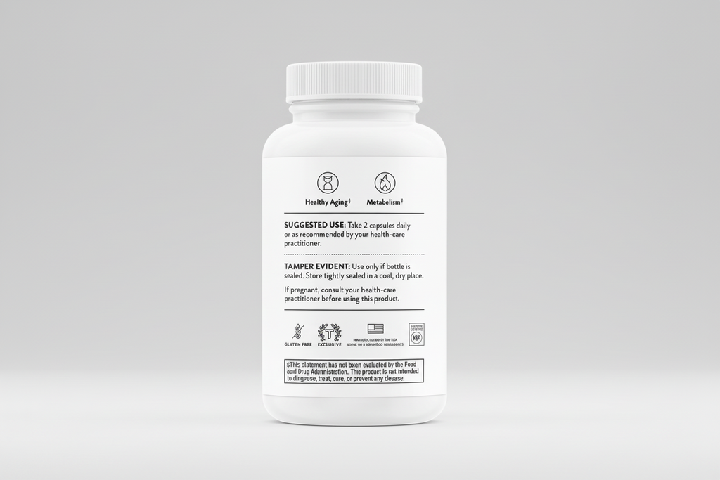 White supplement bottle with label on a black background