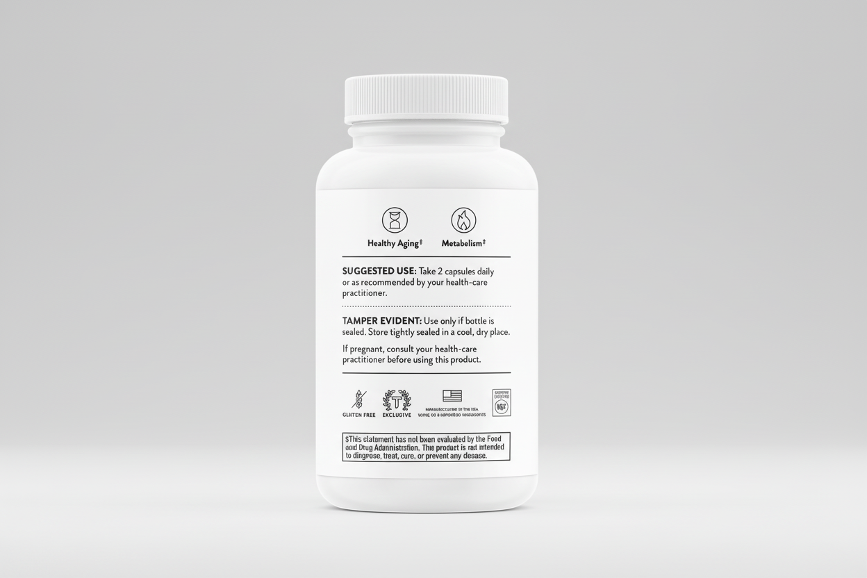 White supplement bottle with label on a black background