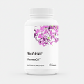Thorne ResveraCel dietary supplement bottle on a black background