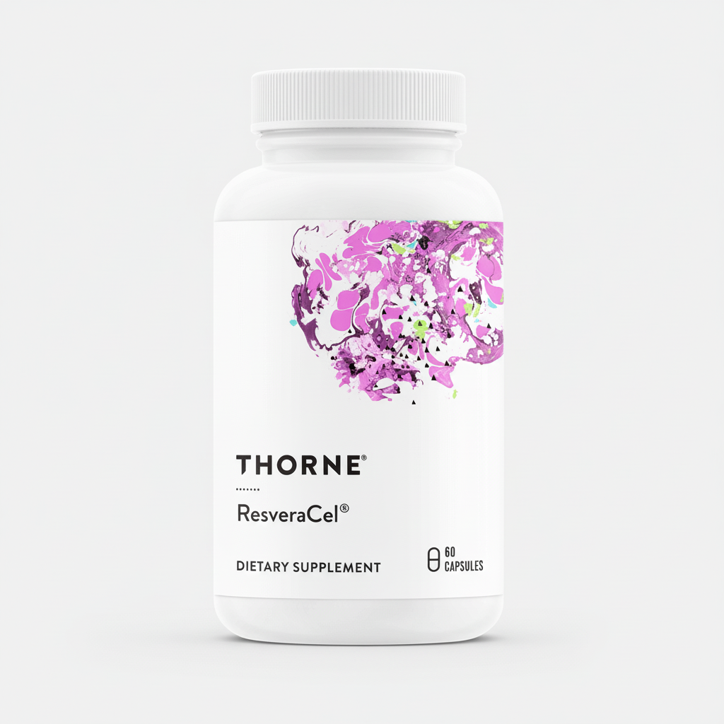 Thorne ResveraCel dietary supplement bottle on a black background
