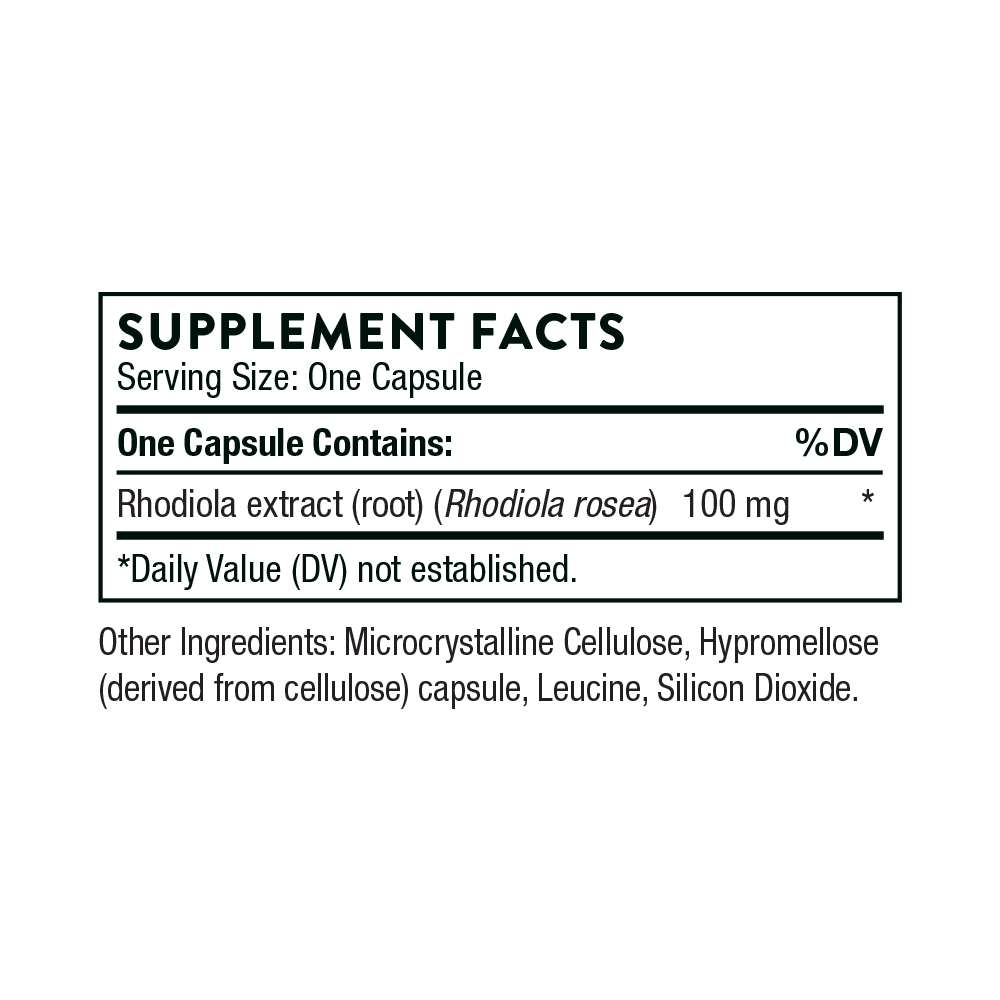 Supplement facts label for a Rhodiola extract capsule on a white background