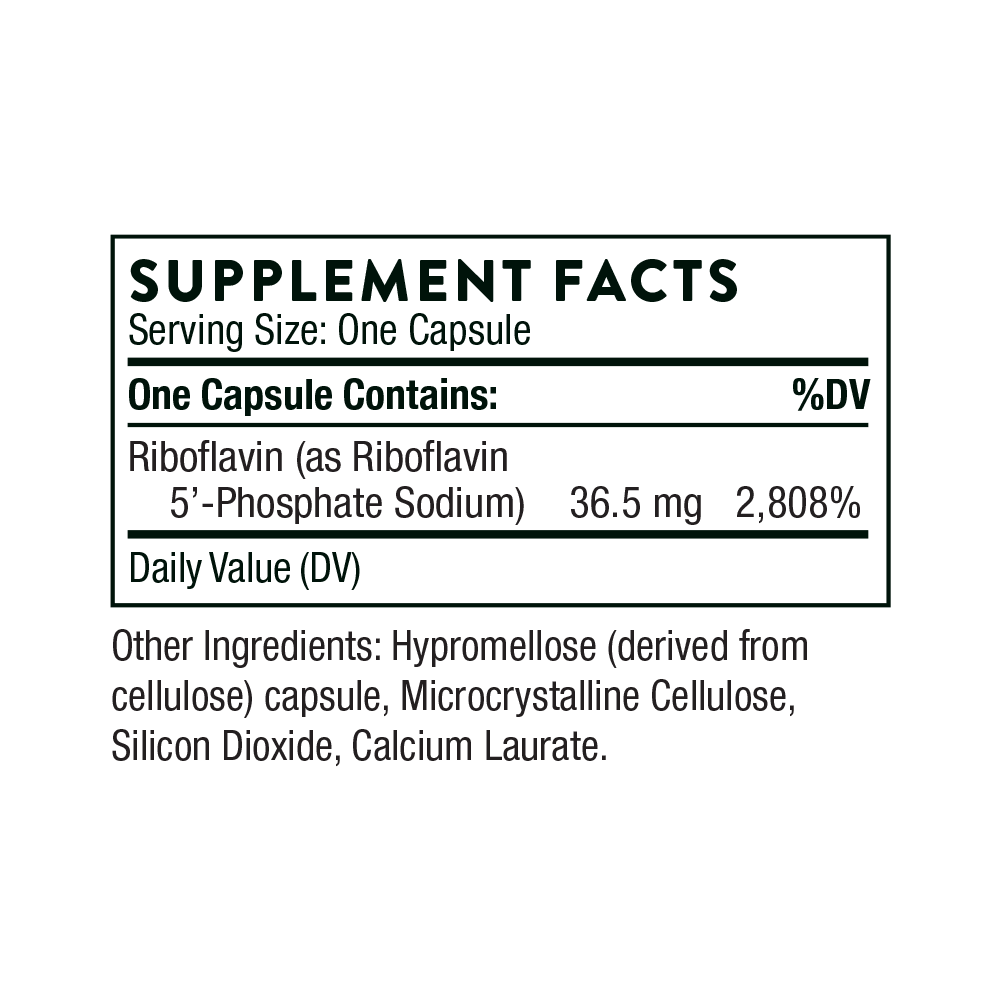 Supplement facts label for a capsule containing Riboflavin with serving size and daily value information.