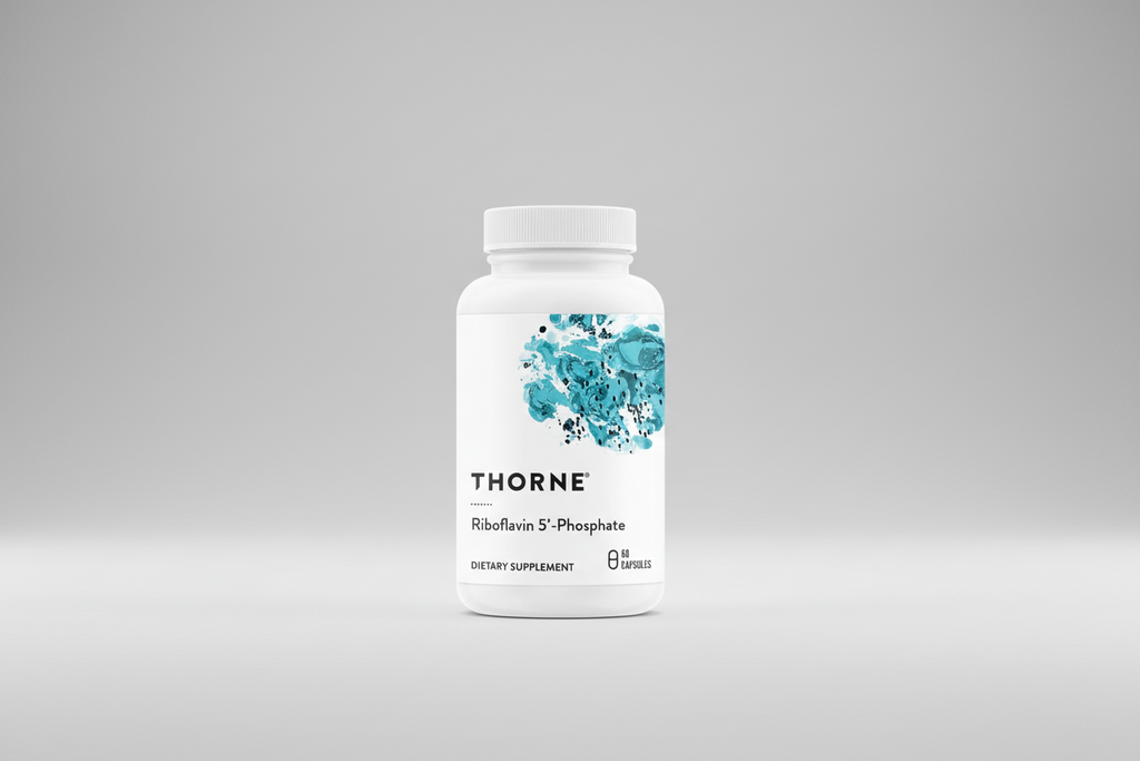 Thorne dietary supplement bottle with blue abstract design on a white background