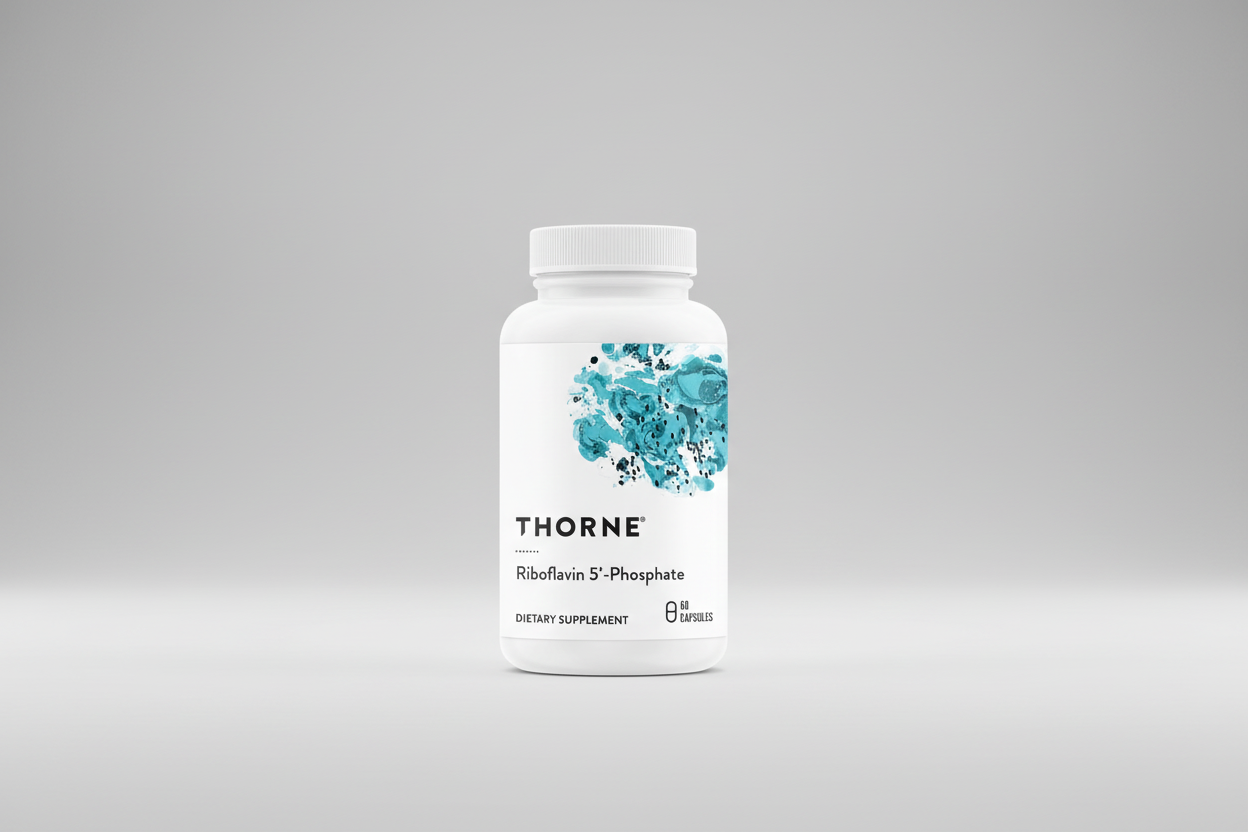 Thorne dietary supplement bottle with blue abstract design on a white background