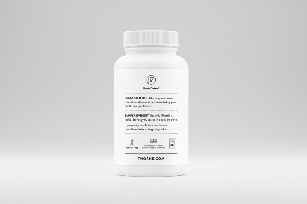 White supplement bottle with label on a black background