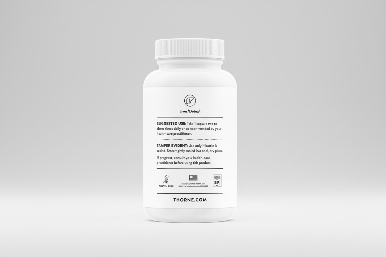 White supplement bottle with label on a black background