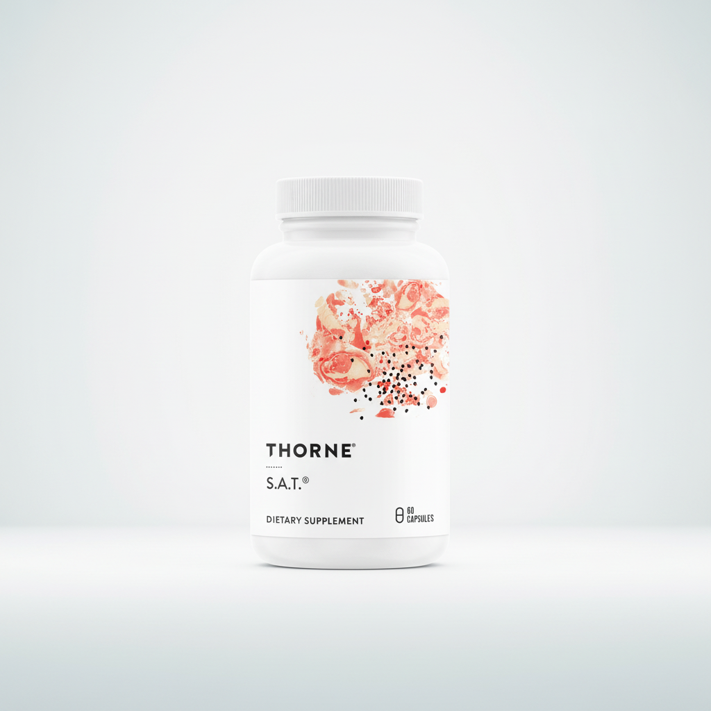 Thorne S.A.T. dietary supplement bottle with floral design on a black background