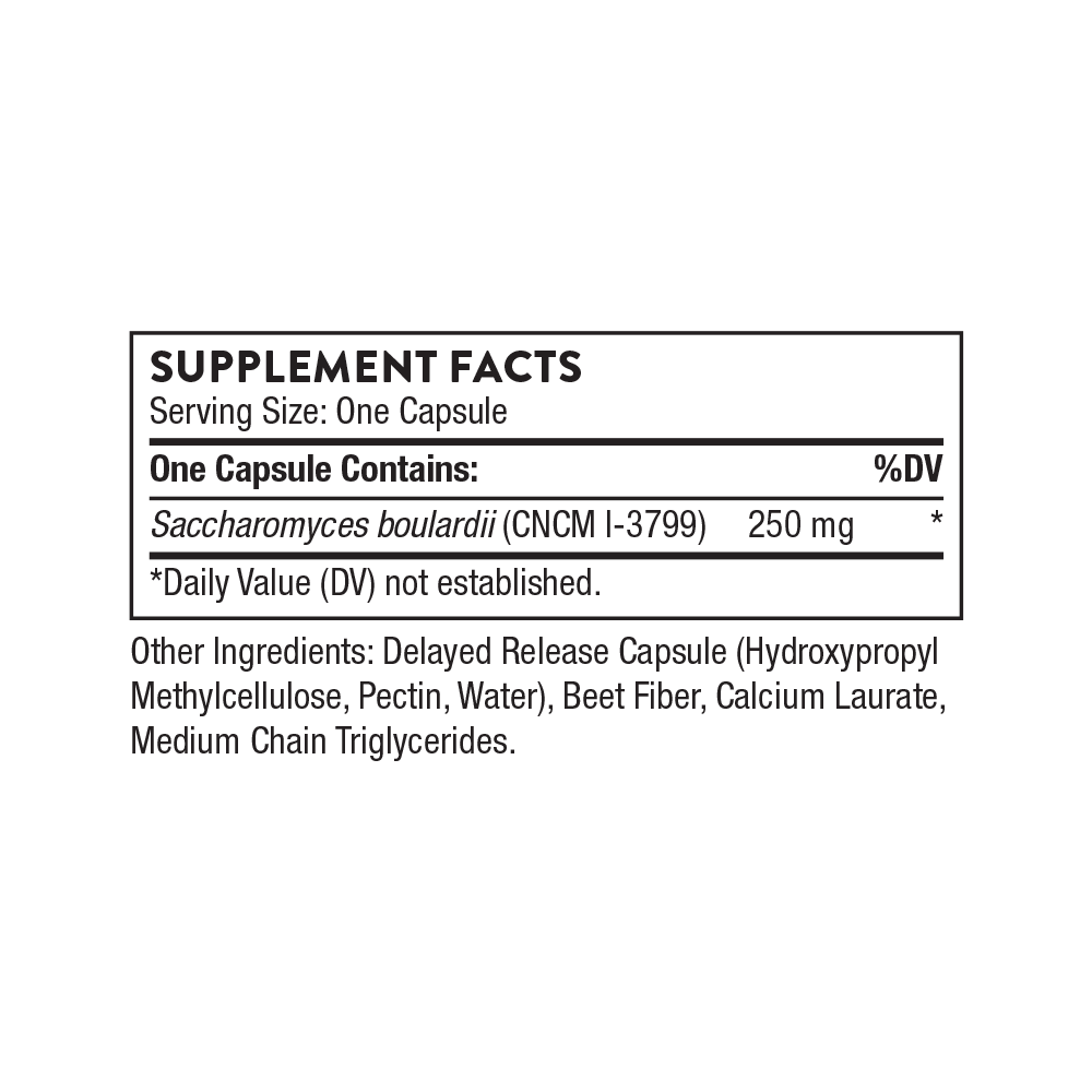 Supplement facts label for a capsule containing Saccharomyces boulardii on a white background.