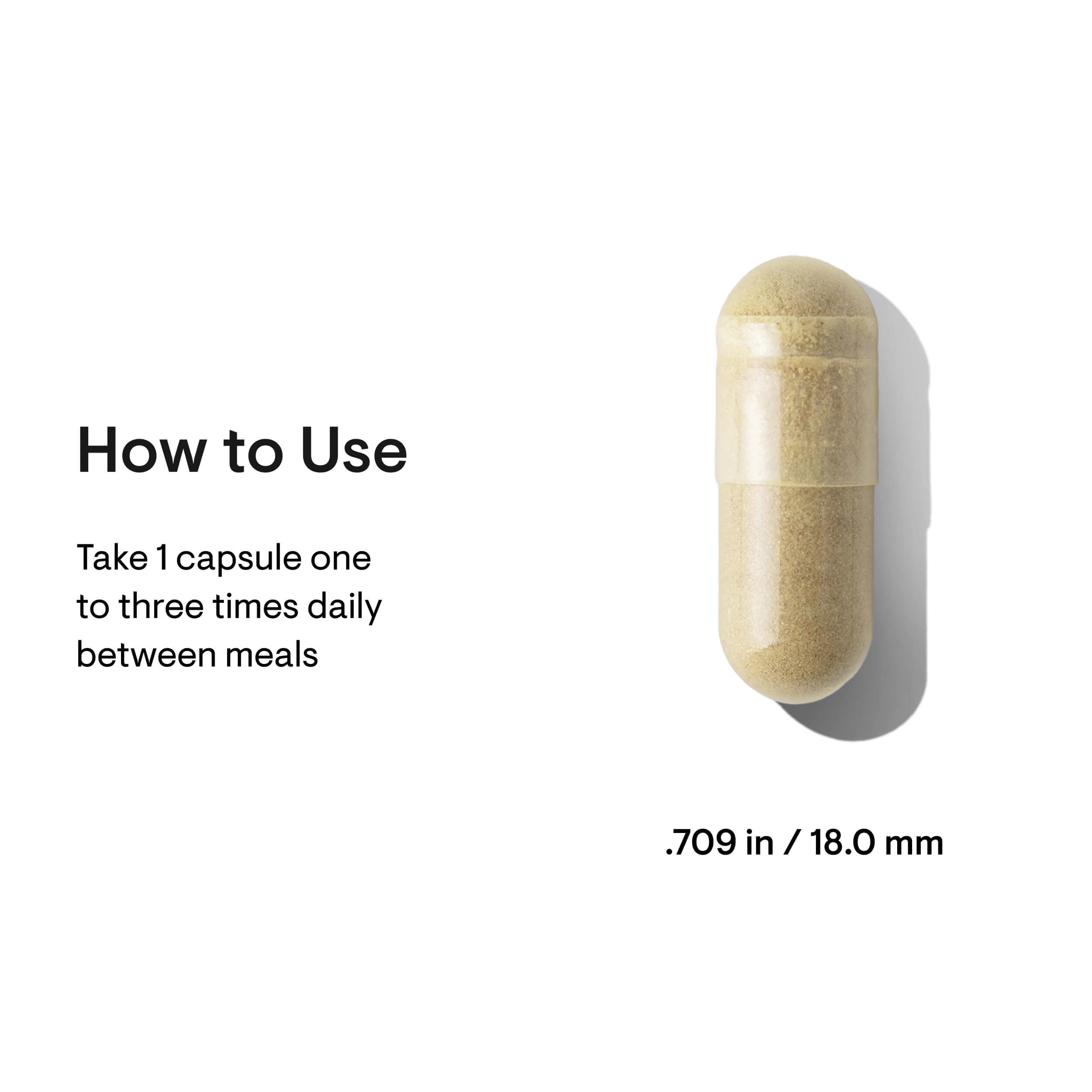 Beige capsule pill with usage instructions on a white background