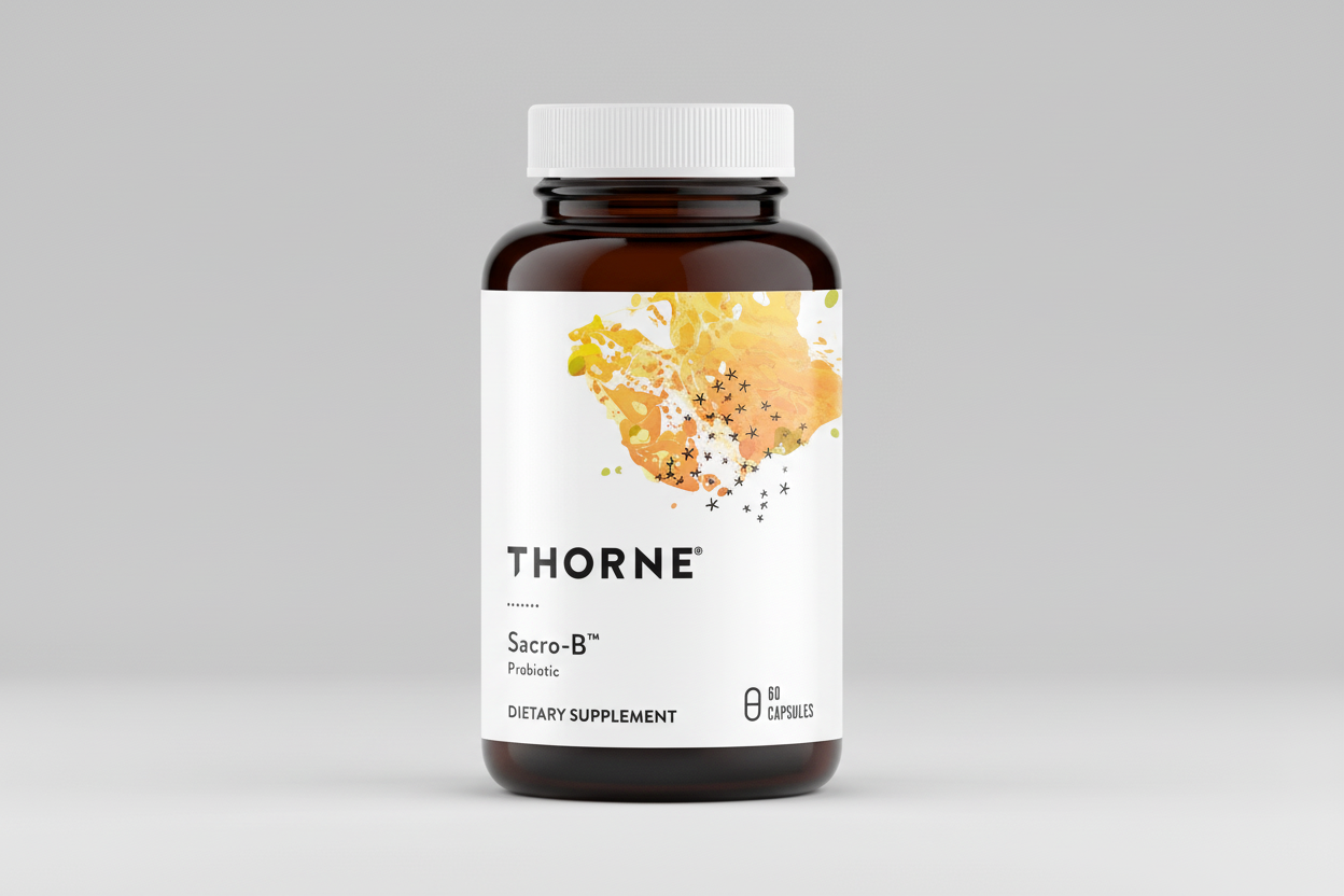 Thorne Sacro-B dietary supplement bottle on a black background