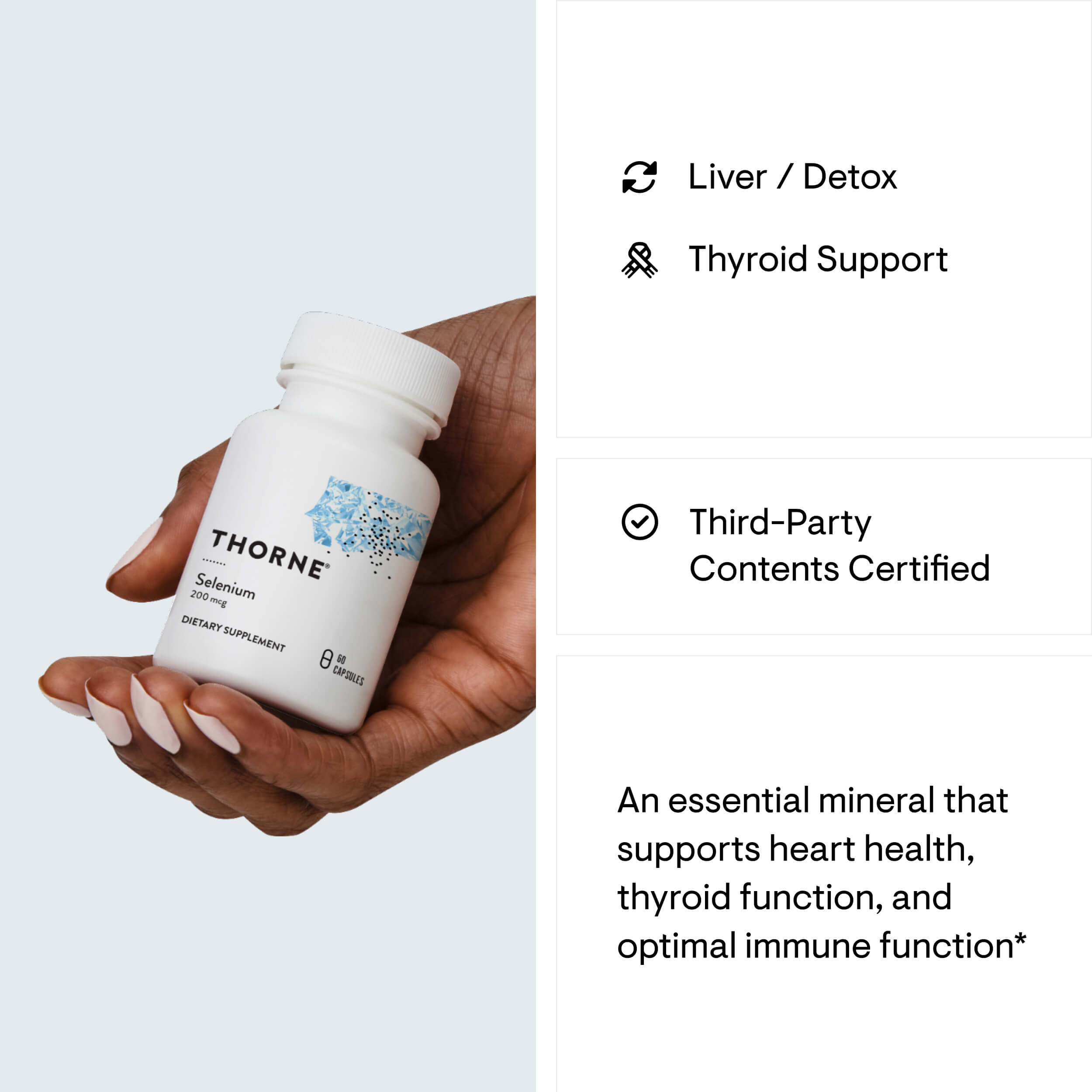 Hand holding a Thorne Research supplement bottle with product details on the right.