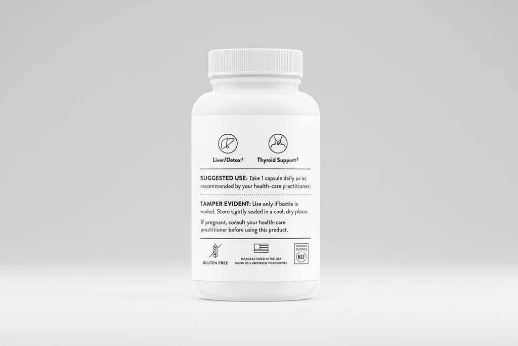 White supplement bottle with label on a black background