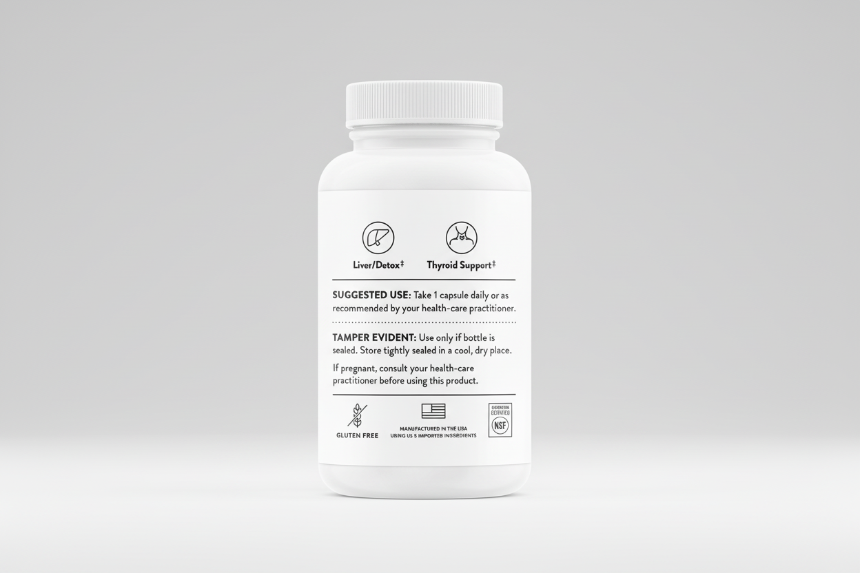 White supplement bottle with label on a black background