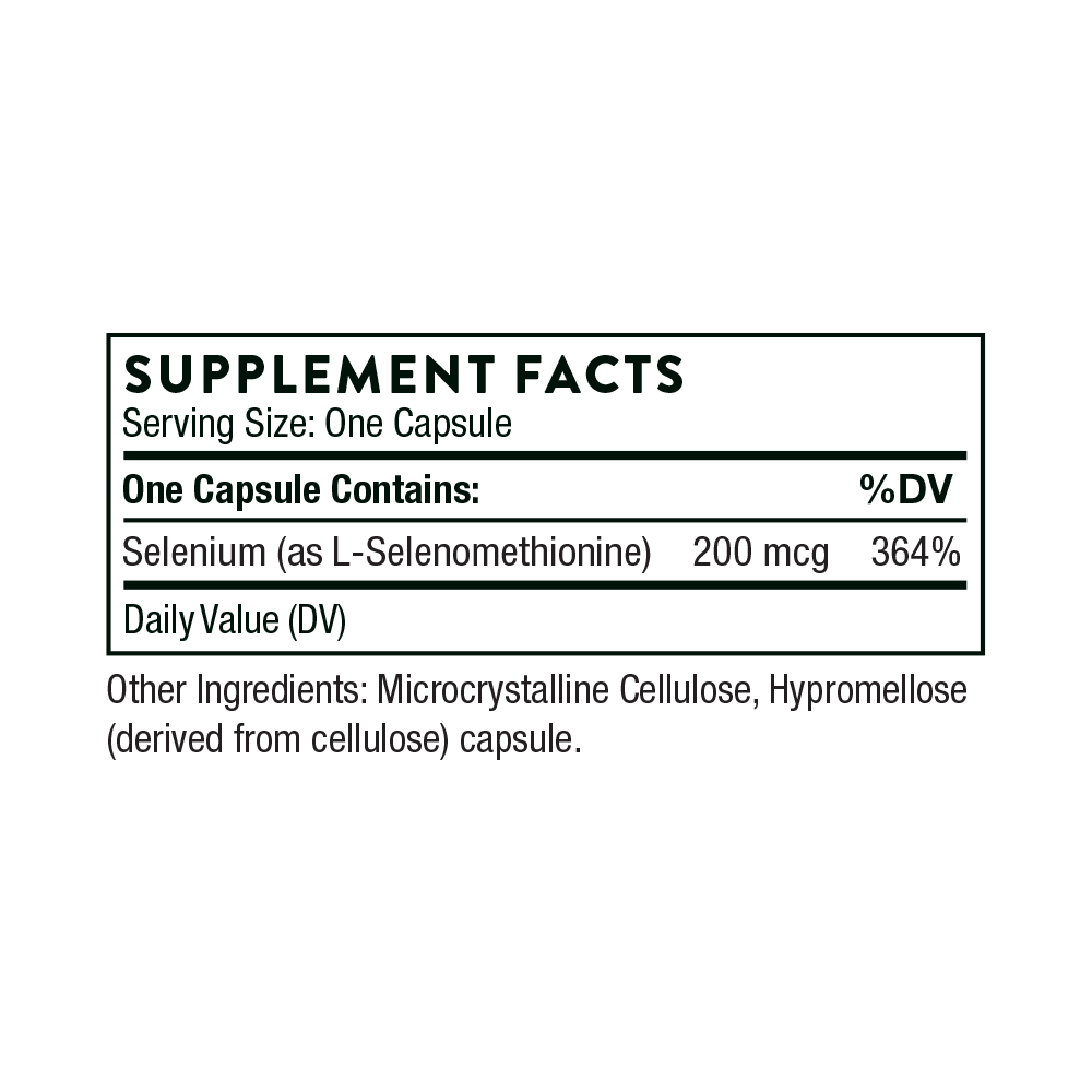 Supplement facts label for a selenium supplement capsule on a white background