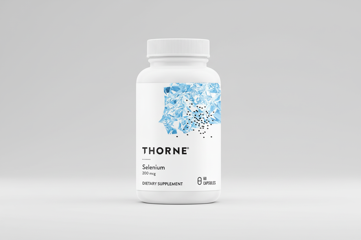 Thorne Selenium dietary supplement bottle on a white background