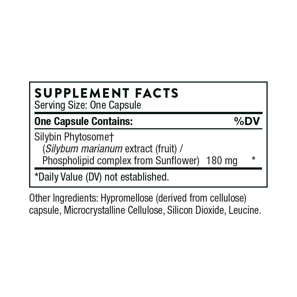 Supplement facts label for a capsule containing Silybin Phytosome on a white background