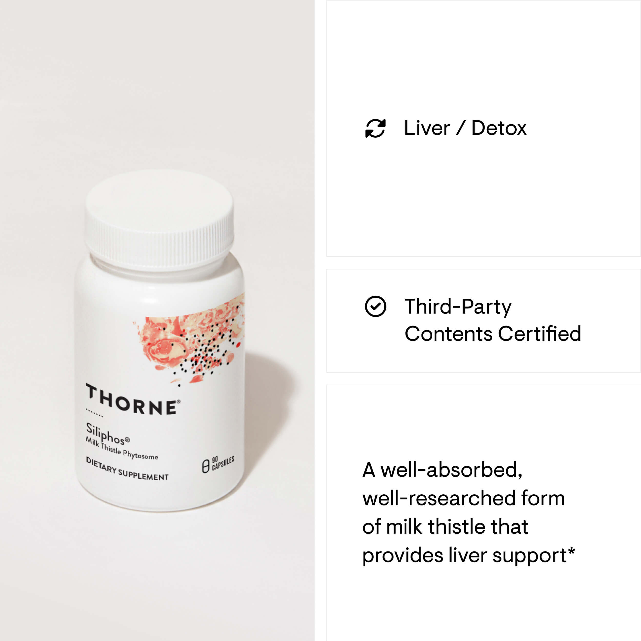 Thorne dietary supplement bottle with text about liver support and third-party certification on a white background