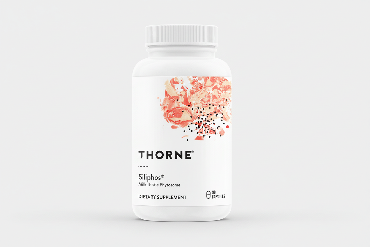 Thorne Siliphos dietary supplement bottle on a white background