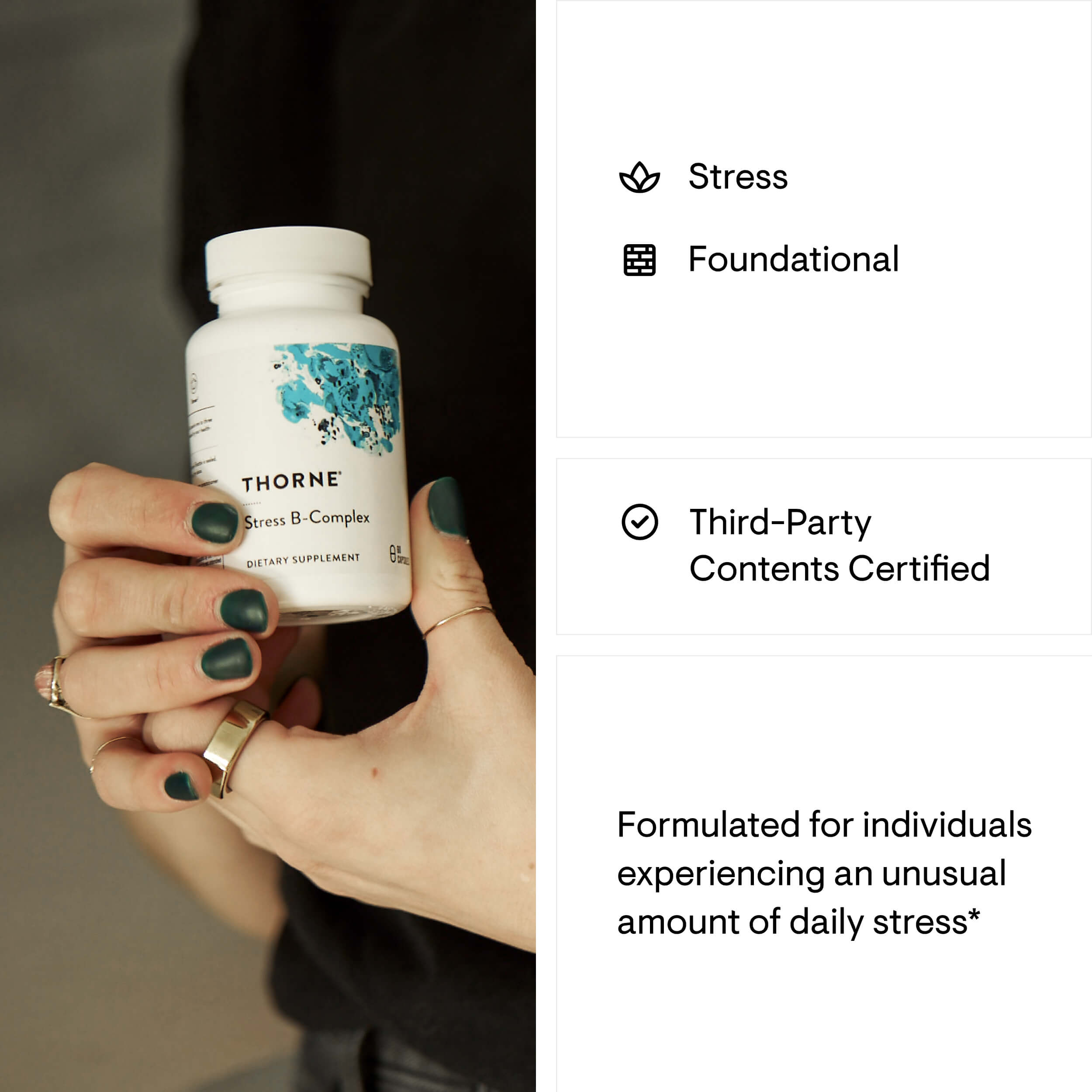Person holding a Thorne supplement bottle with text about stress and certification details.