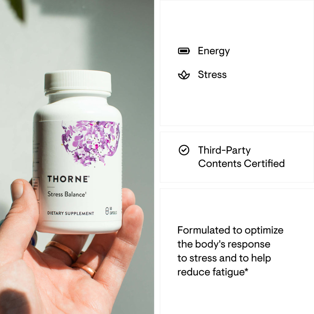 Hand holding a Thorne Stress Balance supplement bottle with product details on the right.