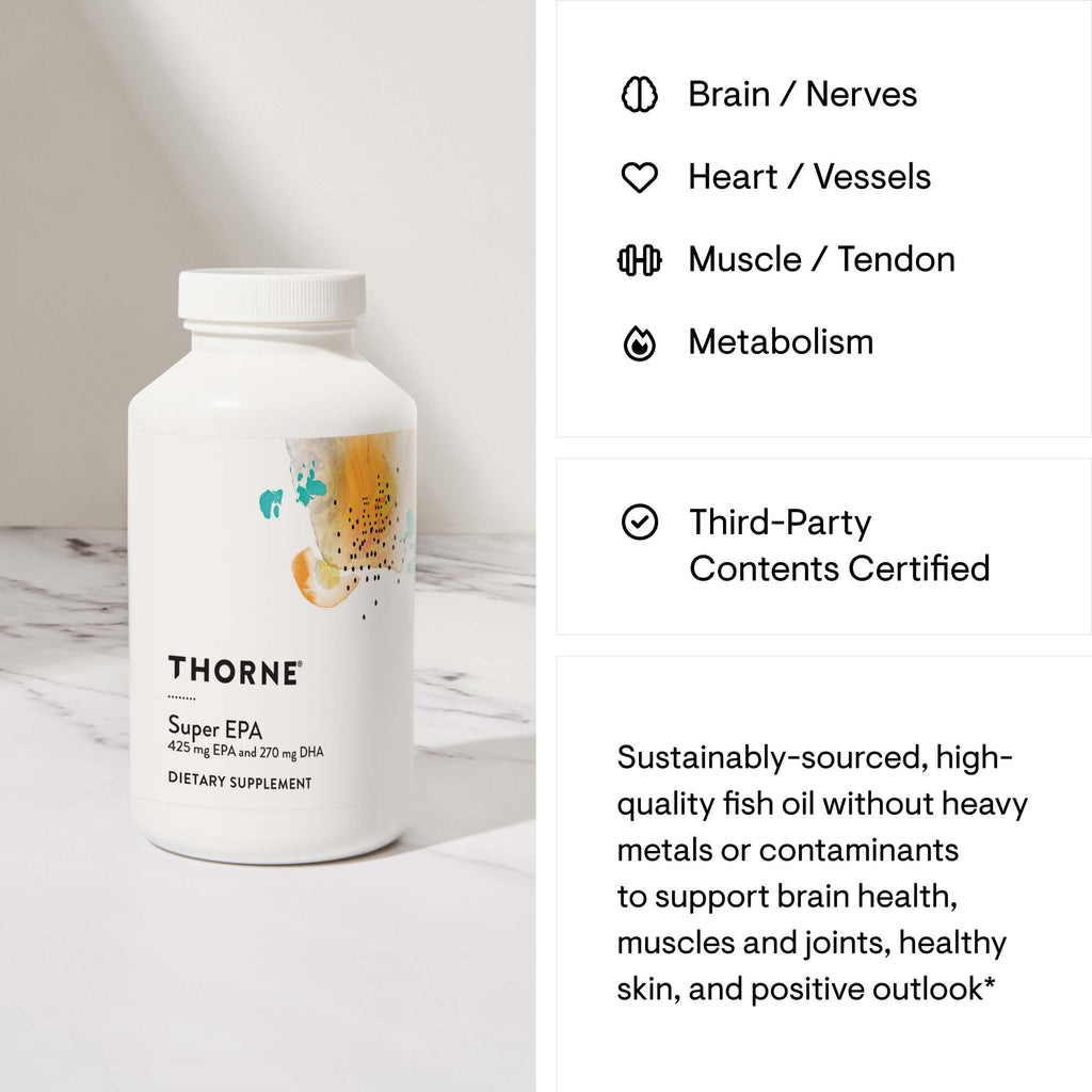 Thorne Super EPA dietary supplement bottle with product details on a white background