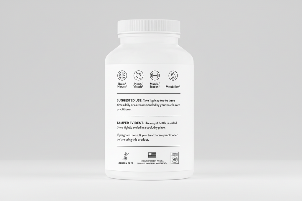 White supplement bottle with label on a black background